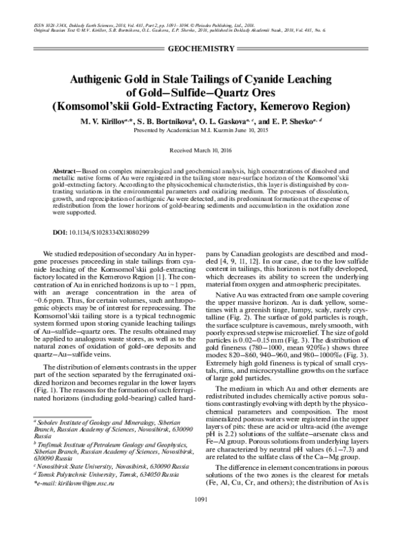(PDF) Authigenic Gold in Stale Tailings of Cyanide Leaching of Gold ...