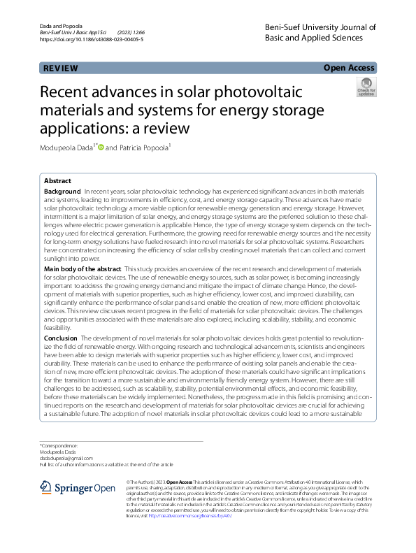 (PDF) Recent advances in solar photovoltaic materials and systems for ...