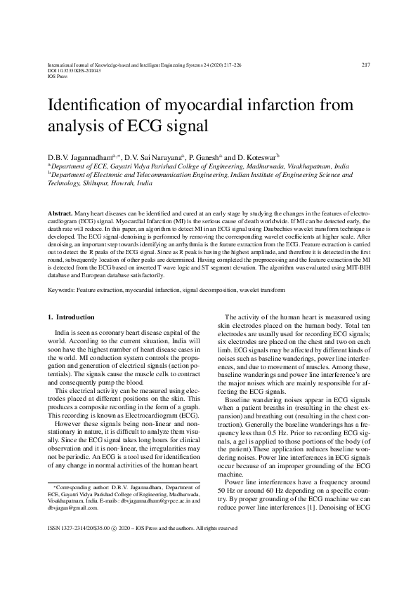 (PDF) Identification of myocardial infarction from analysis of ECG signal