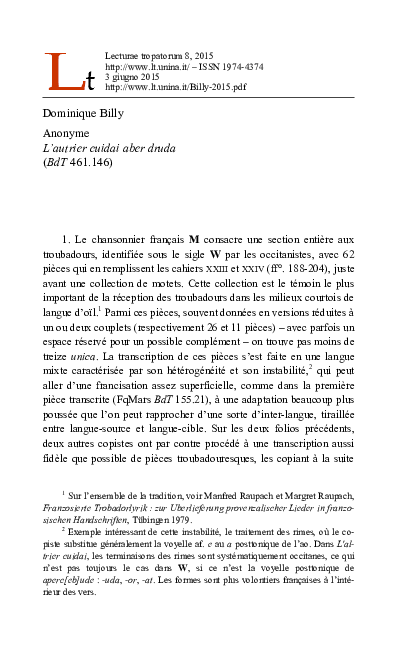 Anonyme, "L'autrier cuidai aber druda" (BdT 461.146)