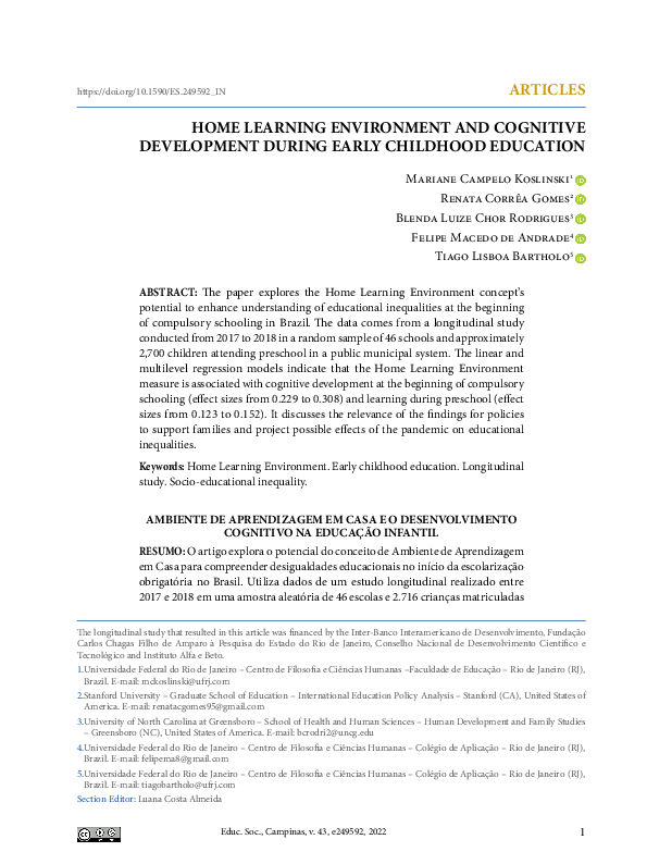 (PDF) Home Learning Environment and Cognitive Development During Early ...