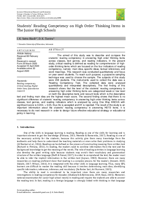 (PDF) Students’ Reading Competency on High Order Thinking Items in The ...