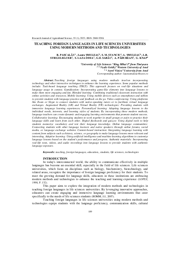 (PDF) TEACHING FOREIGN LANGUAGES IN LIFE SCIENCES UNIVERSITIES USING ...
