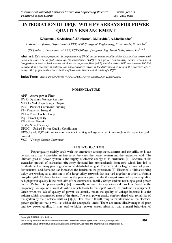 (PDF) Integration of UPQC with PV Arrays for Power Quality Enhancement