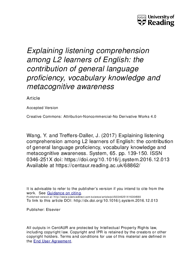 (PDF) Explaining listening comprehension among L2 learners of English ...