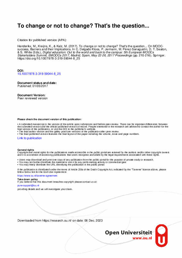 (PDF) To Change or Not to Change? That’s the Question… On MOOC-Success ...