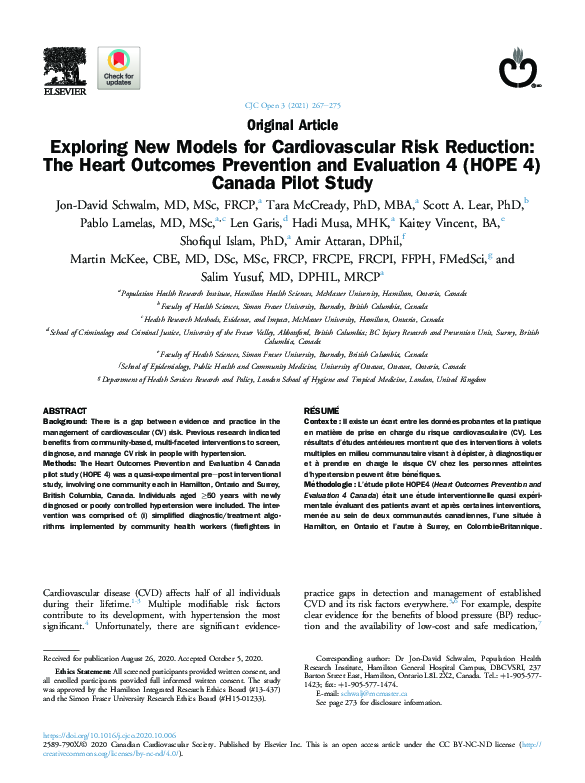 (PDF) Cardiovascular Risk Reduction: HOPE 4 Canada Pilot Study
