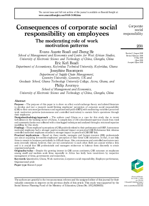 (PDF) Consequences of corporate social responsibility on employees