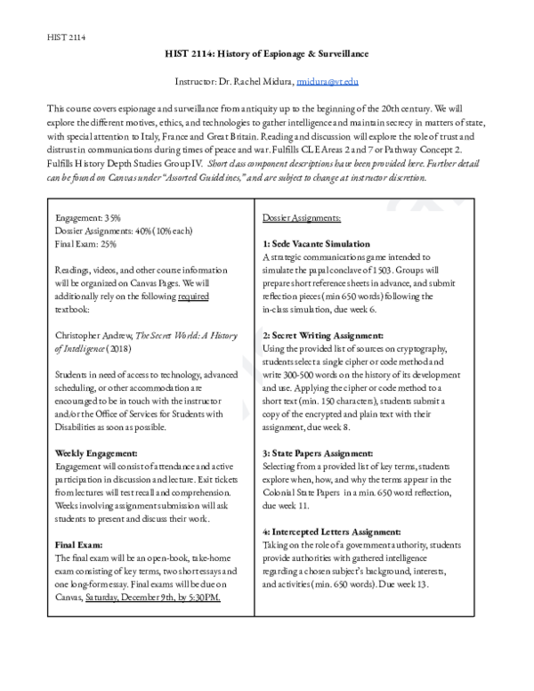 (PDF) HIST 2114: History of Espionage & Surveillance Syllabus