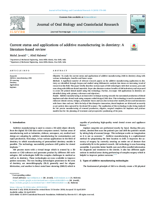 (PDF) Current status and applications of additive manufacturing in ...