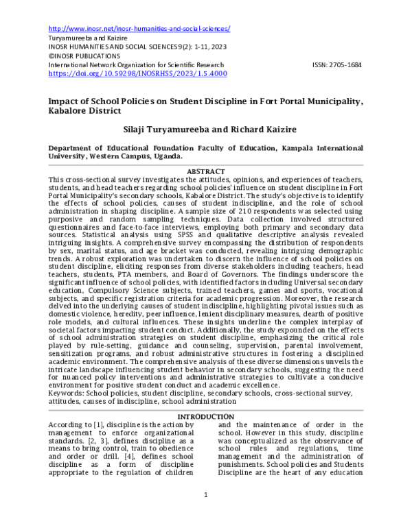Impact of School Policies on Student Discipline in Fort Portal Municipality, Kabalore District