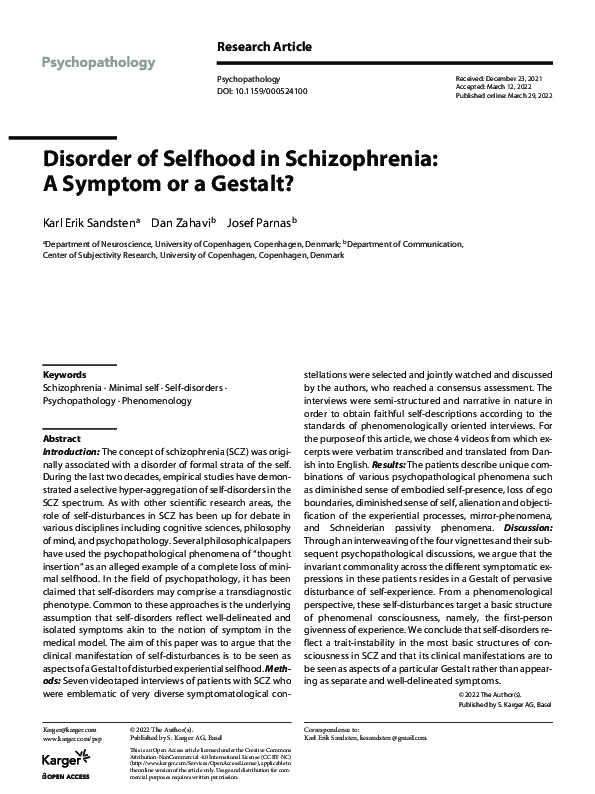 (PDF) Disorder of Selfhood in Schizophrenia: A Symptom or a Gestalt?