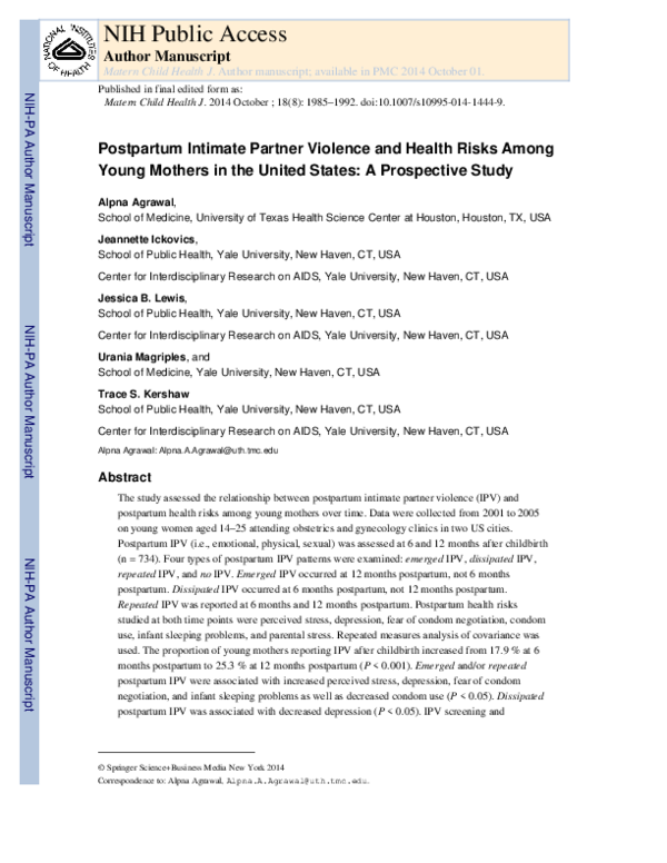 (PDF) Postpartum Intimate Partner Violence and Health Risks Among Young ...