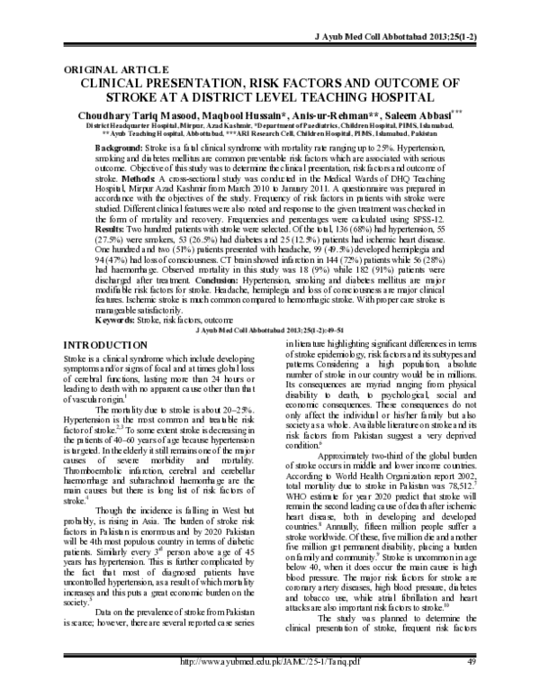 (PDF) Clinical presentation, risk factors and outcome of stroke at a ...