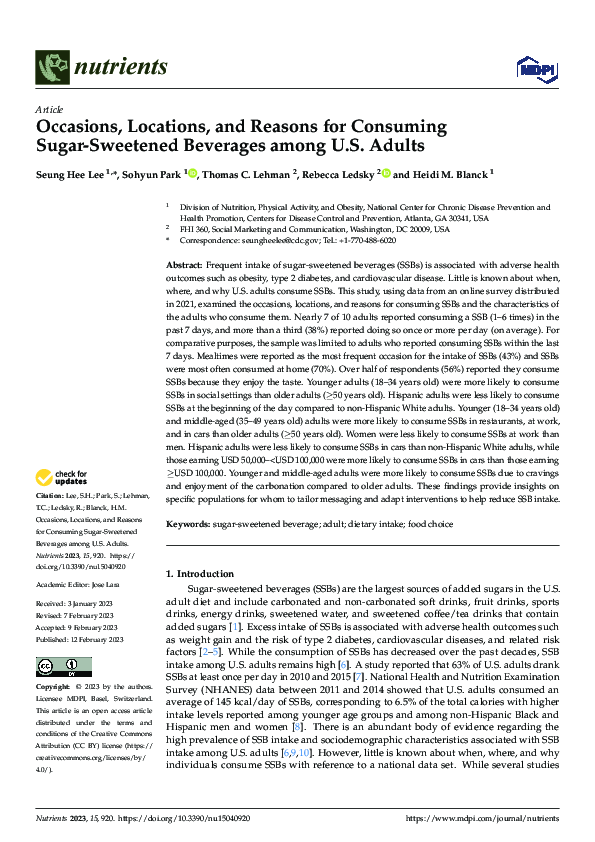(PDF) Occasions, Locations, and Reasons for Consuming Sugar-Sweetened ...