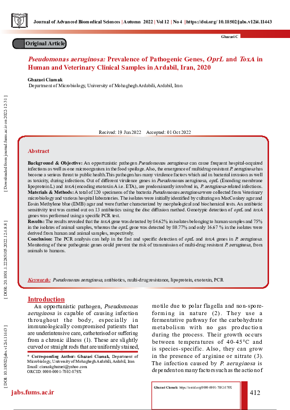 (PDF) Pseudomonas aeruginosa: Prevalence of Pathogenic Genes, OprL and ...