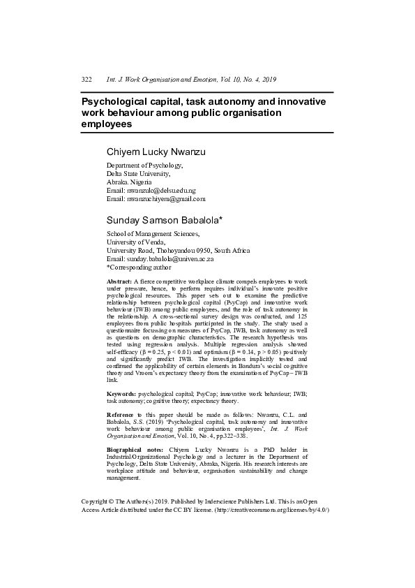 (PDF) Psychological capital, task autonomy and innovative work ...