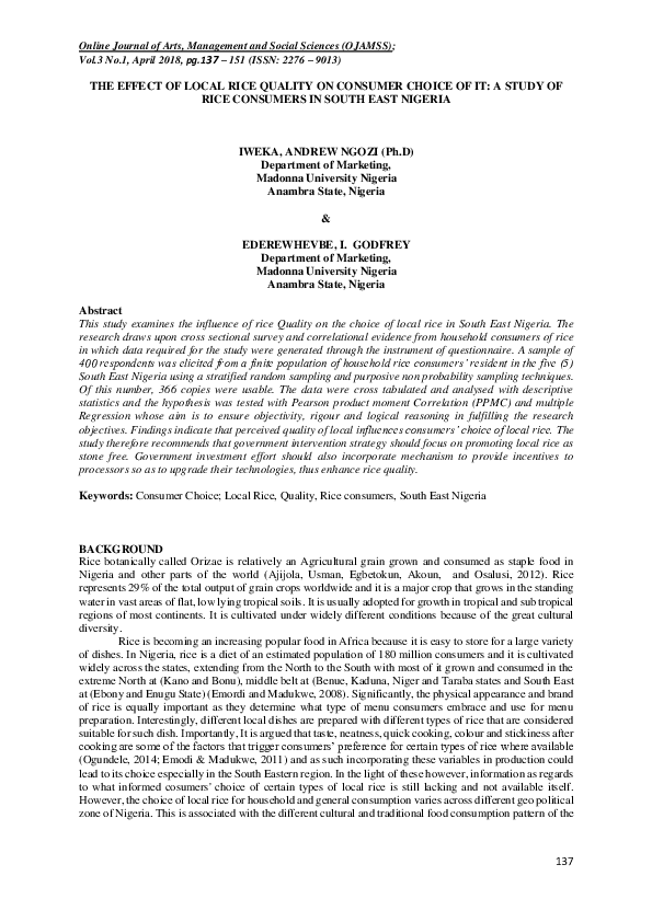 (PDF) The Effect of Local Rice Quality on Consumer Choice of It: A ...