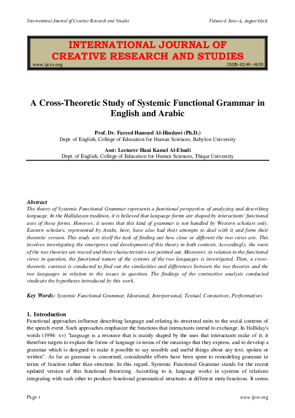 (PDF) A cross-theoretic study of Systemic Functional Grammar in English ...