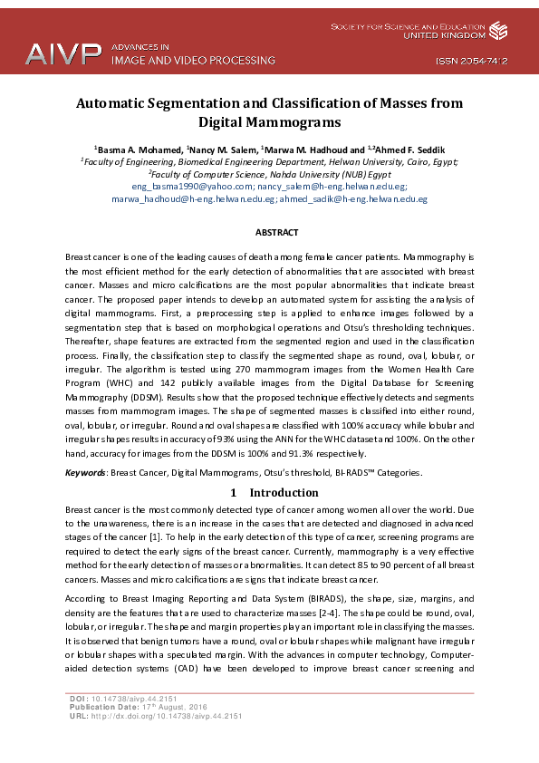 (PDF) Automatic Segmentation and Classification of Masses from Digital ...