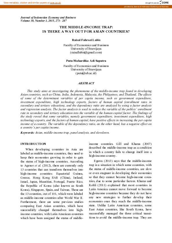 (PDF) The Middle-Income Trap: Is There a Way Out for Asian Countries?