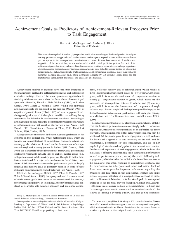 (PDF) Achievement goals as predictors of achievement-relevant processes ...