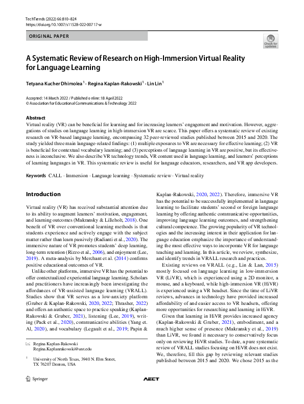 (PDF) A Systematic Review of Research on High-Immersion Virtual Reality ...