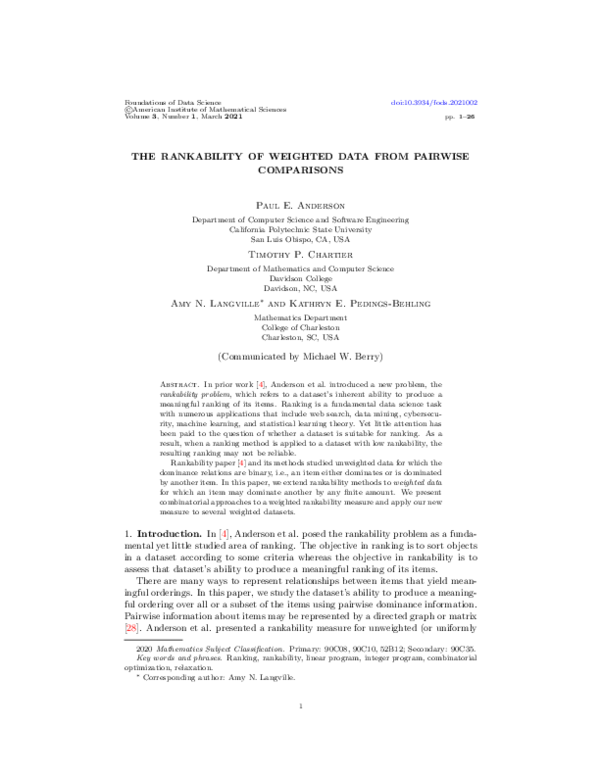 (PDF) The rankability of weighted data from pairwise comparisons