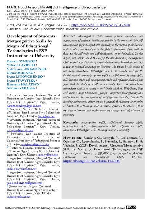 (PDF) Development of Students’ Metacognitive Skills by Means of ...