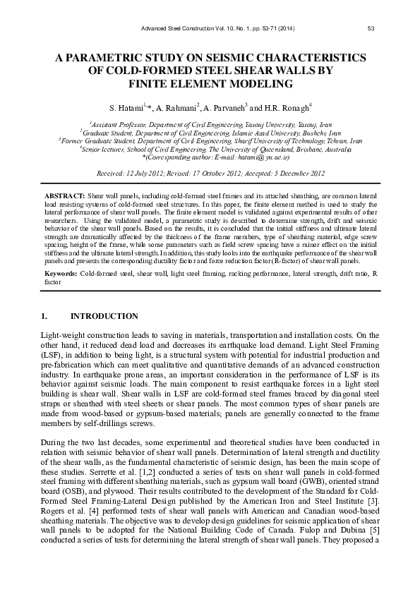 (PDF) A Parametric Study on Seismic Characteristics of Cold-Formed ...