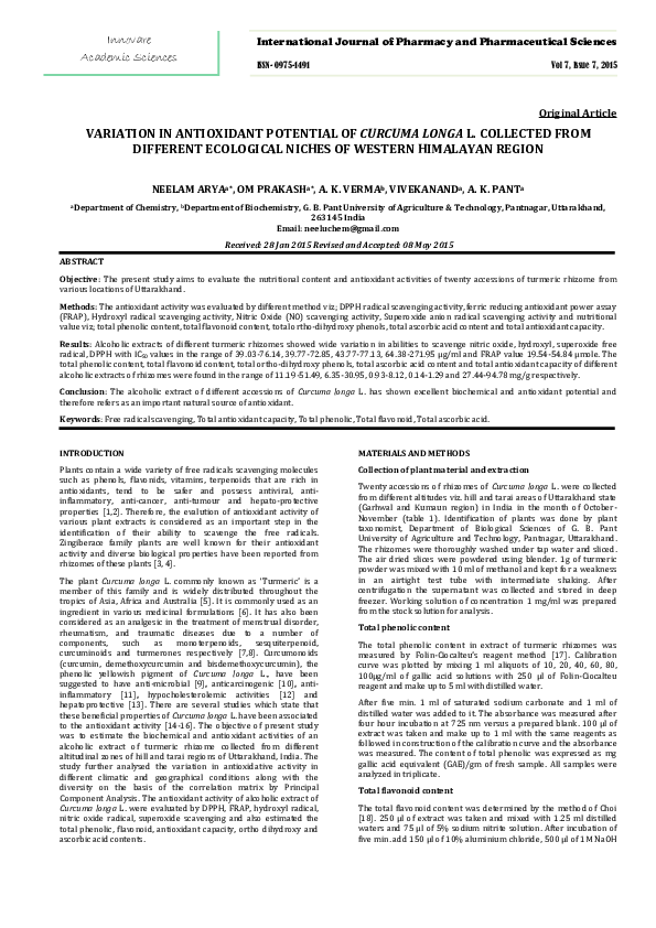 (PDF) VARIATION IN ANTIOXIDANT POTENTIAL OF CURCUMA LONGA L. COLLECTED ...