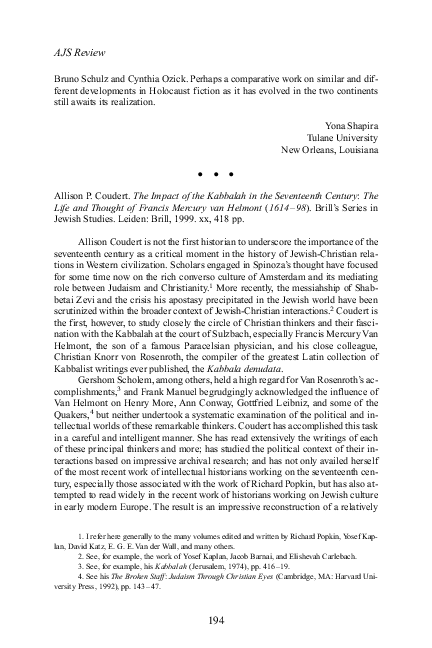 (PDF) David B. Ruderman, “Review of ‘The Impact of the Kabbalah in the ...