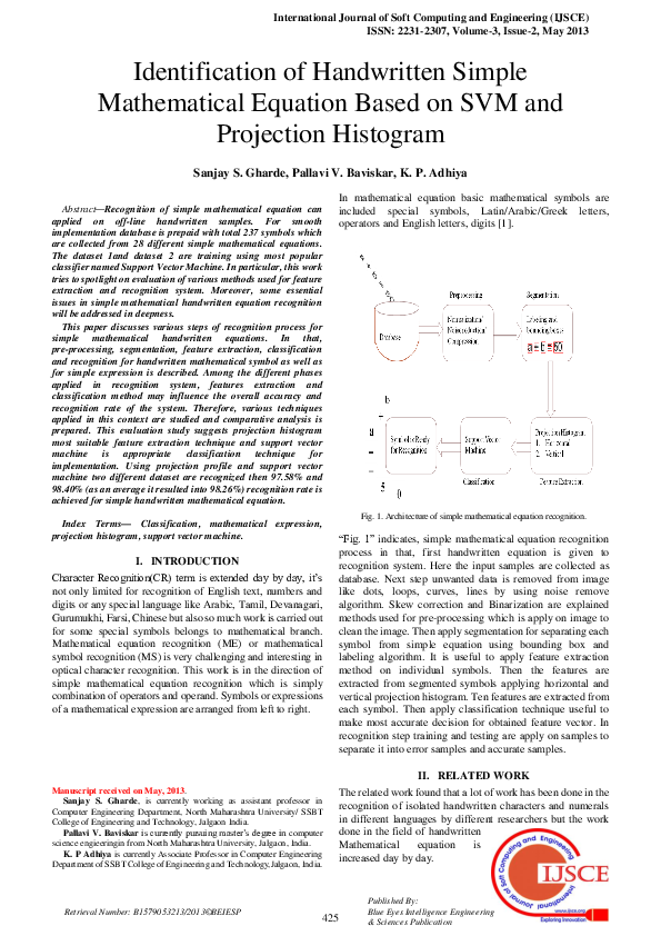 (PDF) Identification of Handwritten Simple Mathematical Equation Based ...