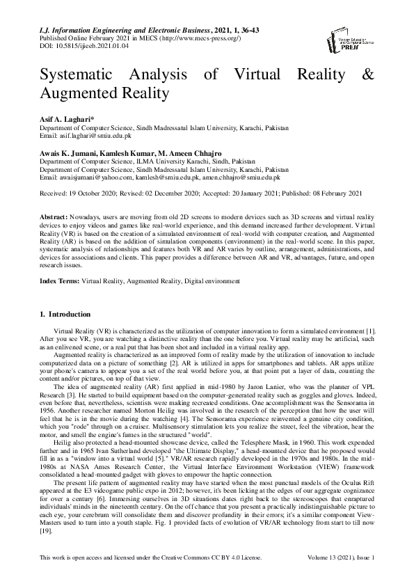 (PDF) Systematic Analysis of Virtual Reality & Augmented Reality