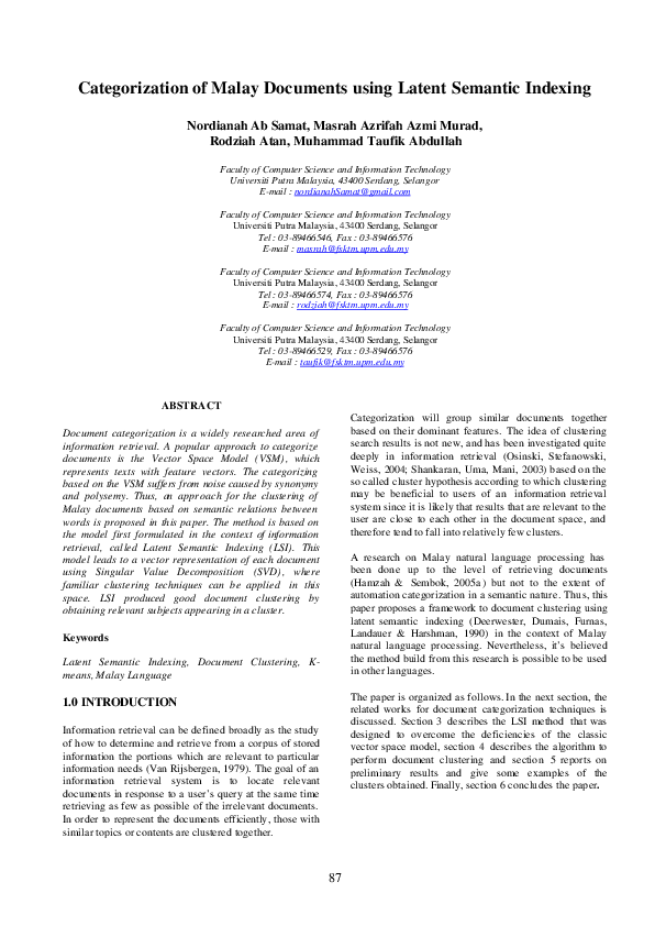 (PDF) Categorization of Malay documents using latent semantic indexing