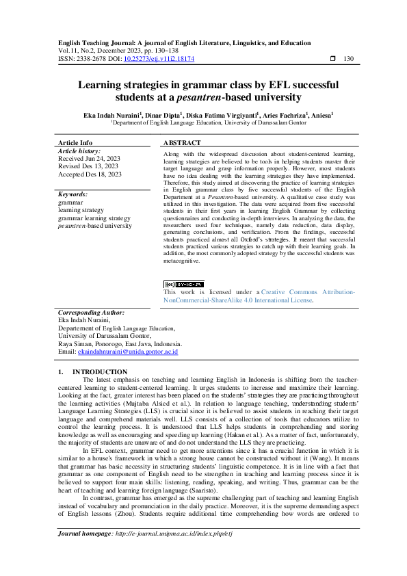 (PDF) Learning strategies in grammar class by EFL successful students ...