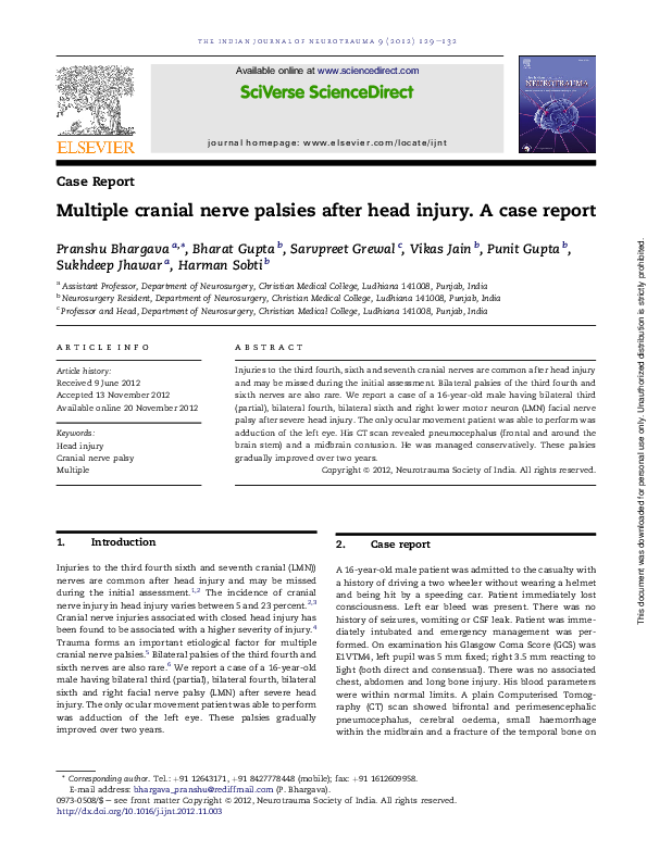 (PDF) Multiple cranial nerve palsies after head injury. A case report