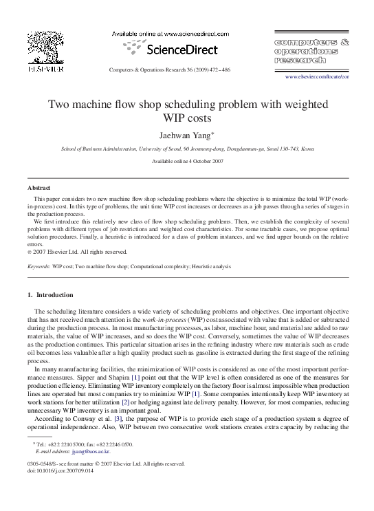 (PDF) Two machine flow shop scheduling problem with weighted WIP costs