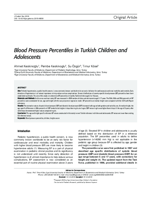 (PDF) Blood Pressure Percentiles in Turkish Children and Adolescents
