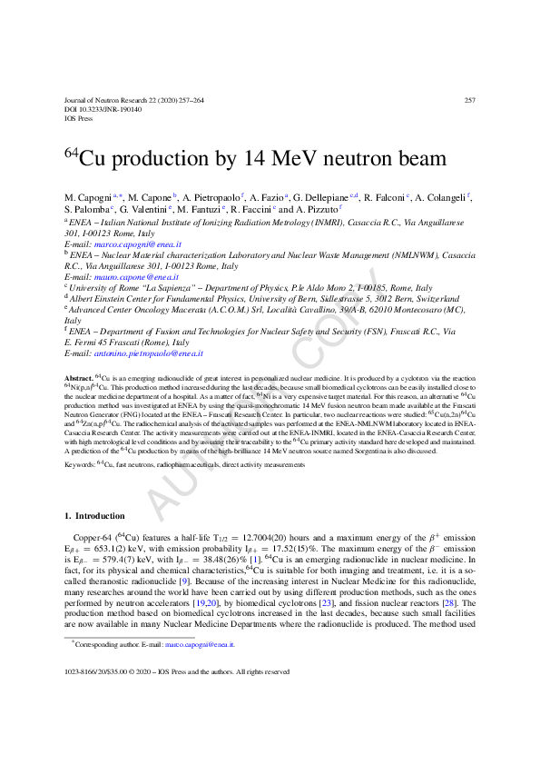 (PDF) 64Cu production by 14 MeV neutron beam
