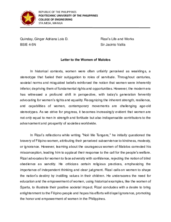 (PDF) Rizal's Letter to Women of Malolos