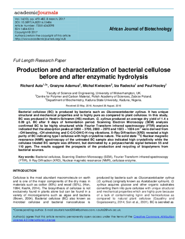 (PDF) Production and characterization of bacterial cellulose before and ...
