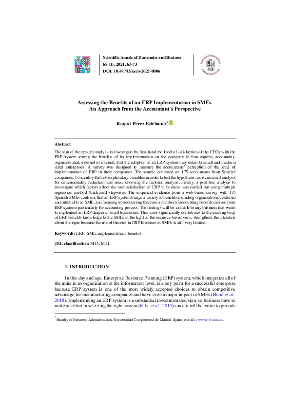 (PDF) Assessing the Benefits of an ERP Implementation in SMEs. An ...