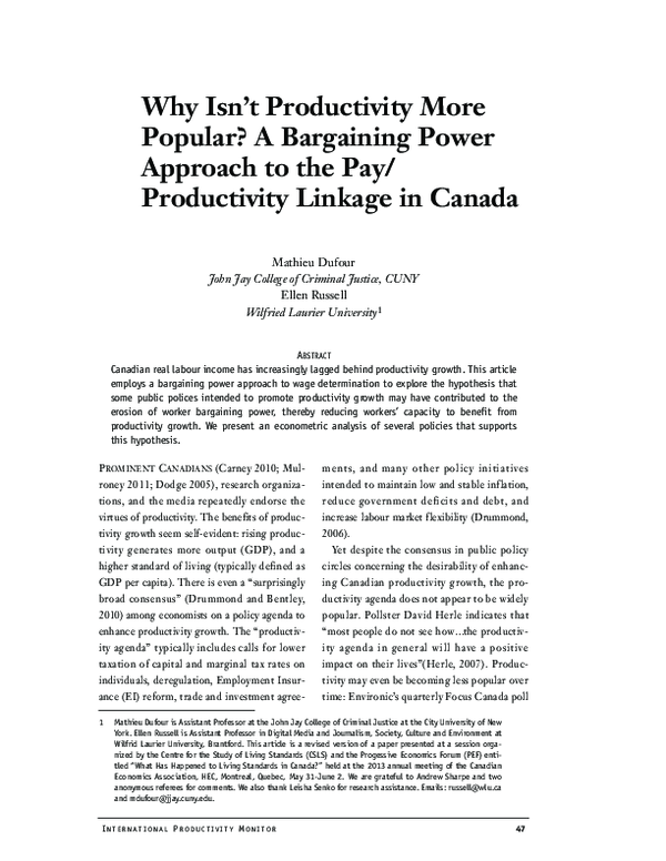 Why Isn't Productivity More Popular? A Bargaining Power Approach to the Pay/Productivity Linkage in Canada