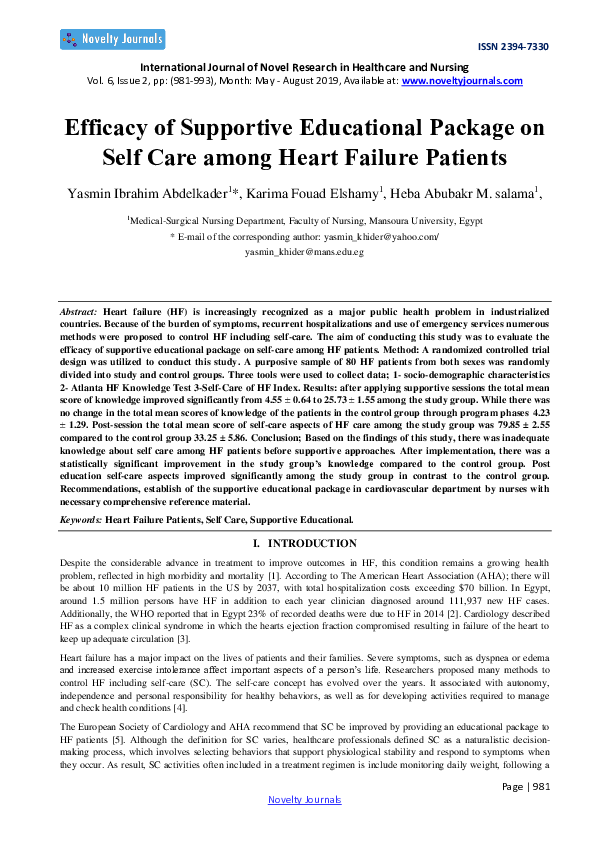 (PDF) Efficacy of Supportive Educational Package on Self Care among ...
