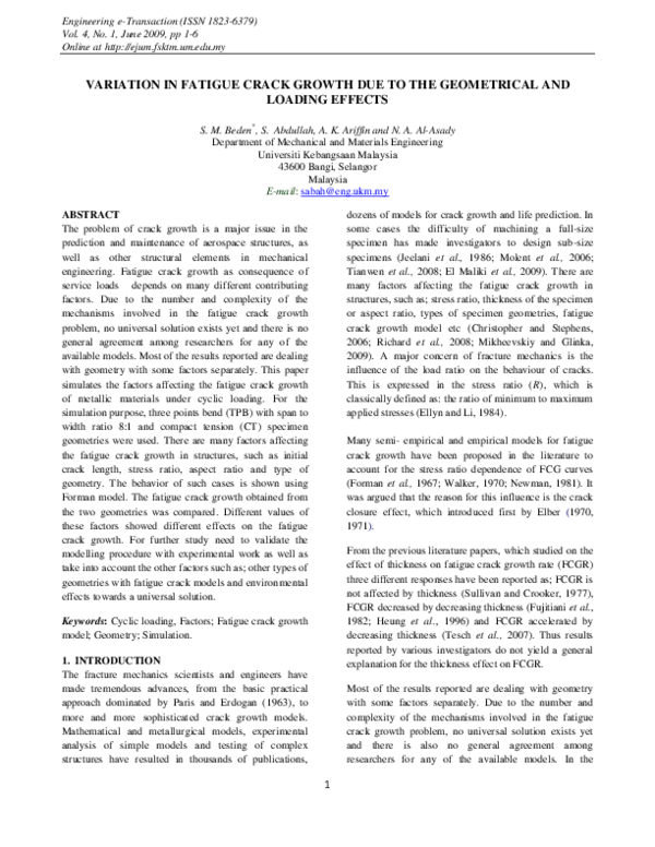 (PDF) Variation in fatigue crack growth due to the geometrical and ...