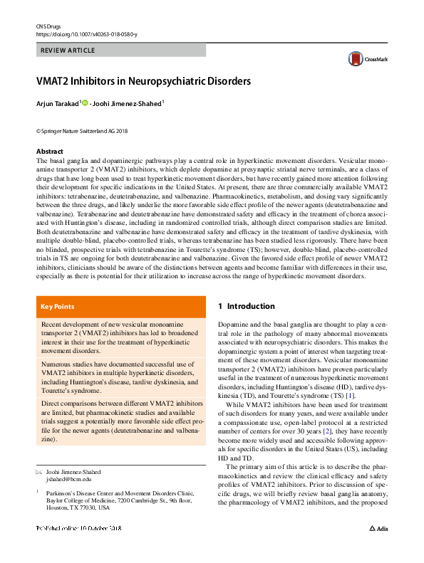 (PDF) VMAT2 Inhibitors in Neuropsychiatric Disorders
