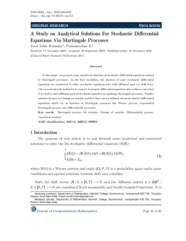 (PDF) A study on analytical solutions for stochastic differential ...