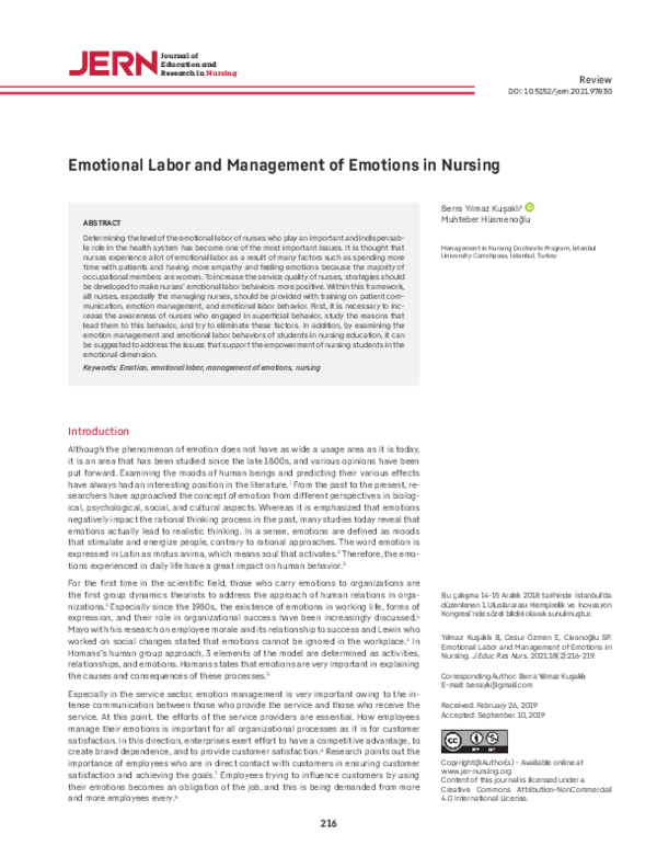 (PDF) Emotional Labor and Management of Emotions in Nursing
