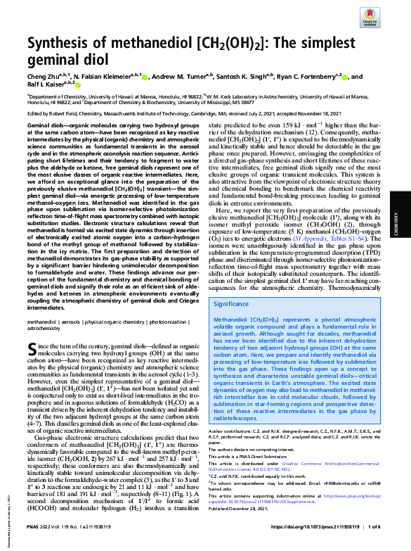 (PDF) Synthesis of methanediol [CH 2 (OH) 2 ]: The simplest geminal diol